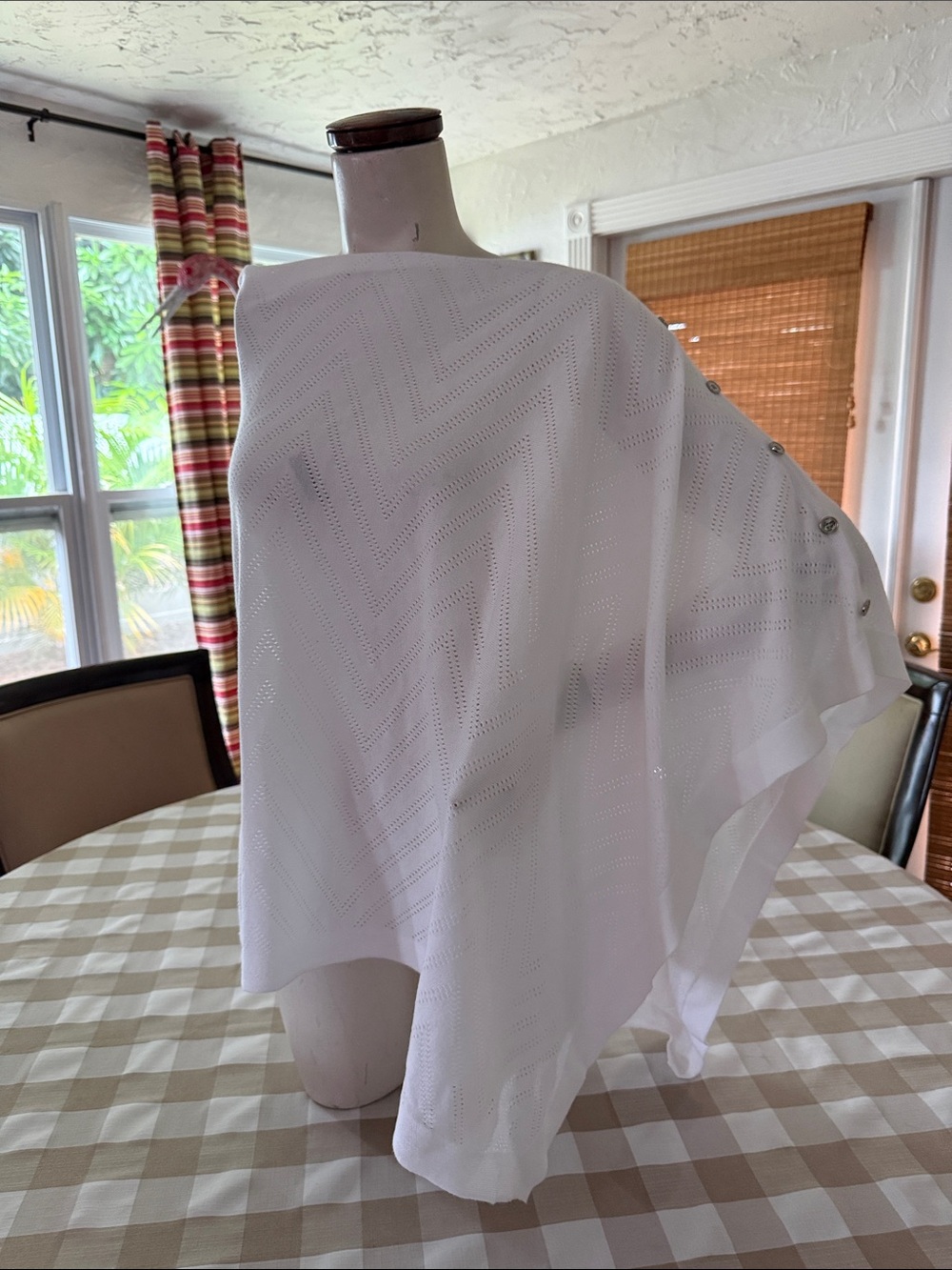 Talbots White Eyelet Knit Poncho Wrap with Button Detail
